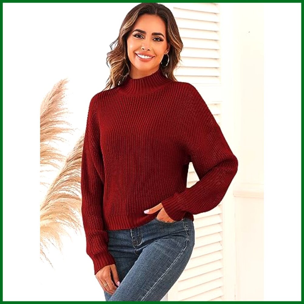 Cropped Turtleneck Sweater Lantern Sleeve Ribbed Knit Pullover - Picture 2 of 7